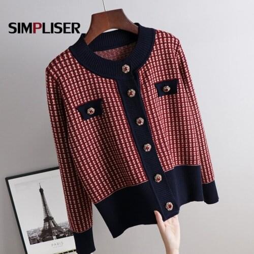 Luxury Rhinestone Button Vintage Women Cardigans 2021 Autumn Winter Female Knitted Coats Plaid Long Sleeve Knitwear Loose Tops