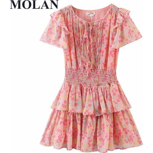 Woman Grapefruit Print Long Dress Holiday Summer New Pleated O Neck Short Sleeve Female Chic Casual Chiffon Dress