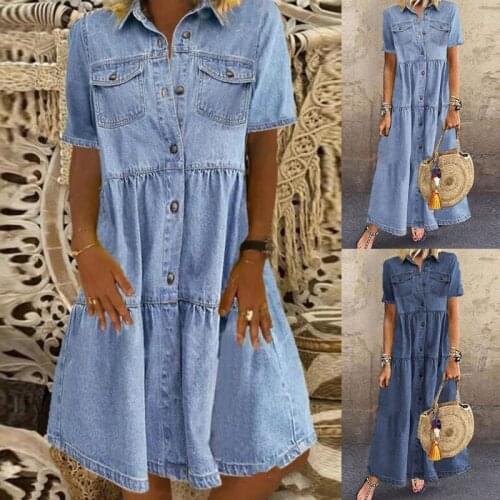 Denim Dress Retro Women Short Sleeve Turn Down Collar Pockets Button Long Loose Denim Dress Pockets Button Long Loose