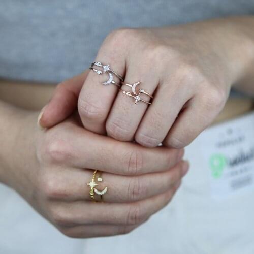 100% 925 sterling silver open moon rings minimal girl women Christmas gift cute silver open band finger ring Jewelry with cz