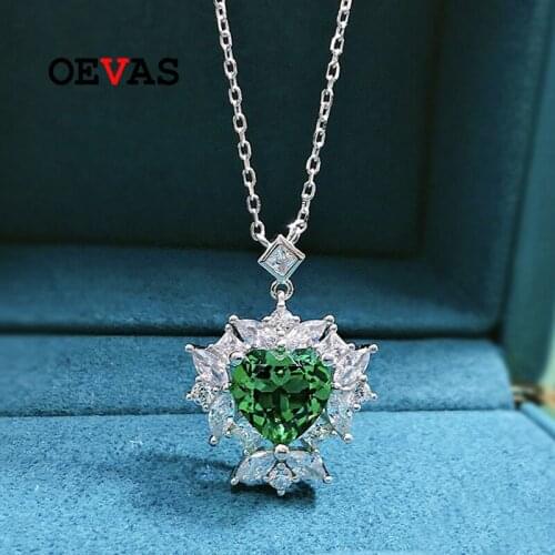 OEVAS 100% 925 Sterling Silver 8*8mm Synthetic Emerald Ice Flower Cut Pendant Necklace For Women Sparkling Wedding Fine Jewelry
