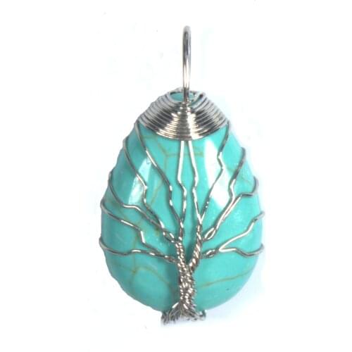 100-Unique Ethnic 1 Pcs Silver Plated Wire Wrap Tree of Life Water Drop Green Turquoises Stone Pendant
