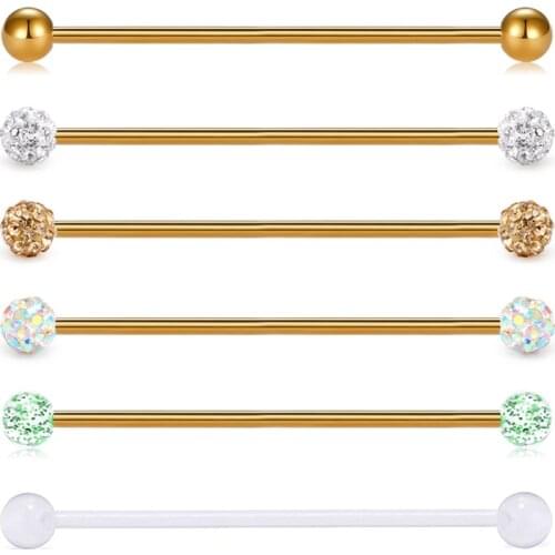 14G 6PCS 38mm Stainless Steel Industrial Barbell Ear Cartilage Helix-Conch Piercing Bar 1 1/2 Inch