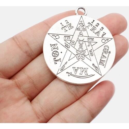 3PCS Antique Pendant Jewelry Findings, 45x40mm Round Amulet Pentagram Pentacle Wicca Pagan Charm for Necklace Bracelet