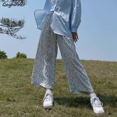 Summer Floral Pants Women Ankle-length Comfy Baggy Wide-leg Draped Breathable Casual Trousers High Waist Students Capris Trendy