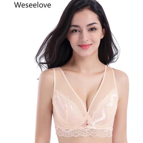 Weseelove Bra Push Up Soutien Gorge Sexy Plus Size Women New Ultra-Thin No Sponge Paper Lace Large Cup Gather Adjustable X10-1