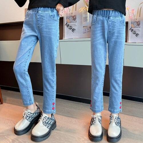 Fashion Girls Denim Pants High Waist Bottom Heart Clothes Teenage Skinny Straight Trousers for Spring Autumn Jeans 6 8 10 12Year
