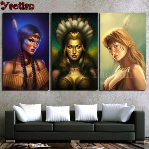 Indian women feather 3 pcs diamond embroidery full round 3d diy diamond painting mosaic cross stitch kits diamant painting set