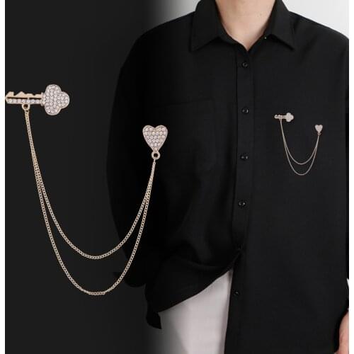 Korean High-end Key Taseel Brooch Heart-shaped Rhinestone Luxury Brooches Mens Suit Shirt Collar Pins for Women Accessories
