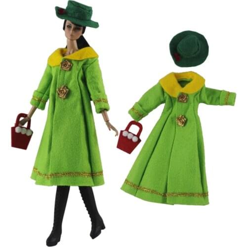 Fashion Long Green Coat Handbag Hat for Barbie Doll Clothes Winter Parka Dress Outfit 1/6 BJD Dollhouse Accessories Baby DIY Toy