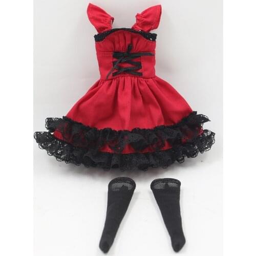 Outfits for Blyth doll Red maid dress with black lace including the black stocking cute suit for 1/6 azone BJD