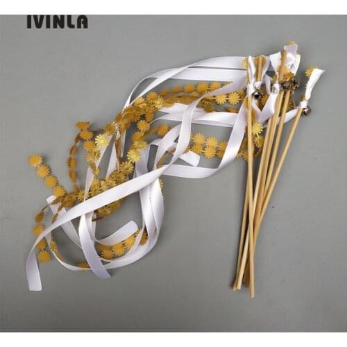 Newest 30pcs/lot gold and white wedding Ribbon Wands with big gold Bells for wedding party