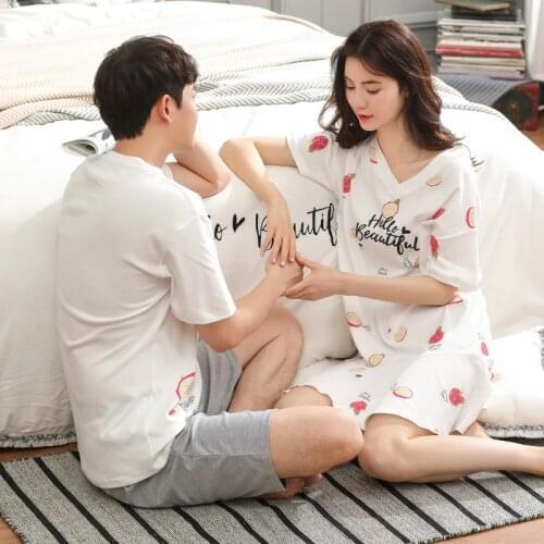 Women and men 2019 summer couple new ladies Korean nightdress sleepshirts men short sleeve cotton knee length pants pajama sets