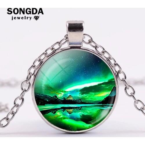 SONGDA Northern Lights Necklace Aurora Borealis Pattern Glass Cabochon Pendant Necklace Natural Scenery Jewelry Women Girls Gift