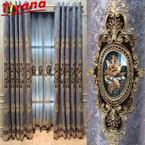 TIYANA Blue Gray Luxury Embroidered Chenille Curtains for Living Room Premium Flower Embroidery Window Drape for BedroomHM736#VT