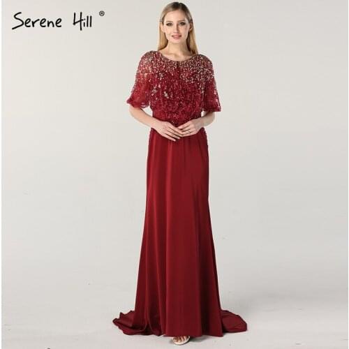 Wine Red Half Sleeve Fashion New Evening Dresses 2020 Beading Pearls Bride Toast Evening Dress Elegant sSerene Hill - DLA6617