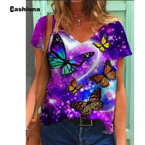 Cashiona Plus size Women Elegant Leisure Casual T-shirt Bohemian 3D Print V-neck Loose Womens Top 2021 Summer Tees shirt Femme