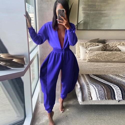 Autumn Winter Solid Color Rompers Womens Jumpsuit Casual Deep V Neck Full Sleeve Baggy Overalls Fashion High Waist Loose Outfit