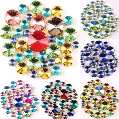 Round shape gold claw settings 7 sizes mix 50pcs/bag glass crystal sew on rhinestone wedding dress shoes bags diy accessories