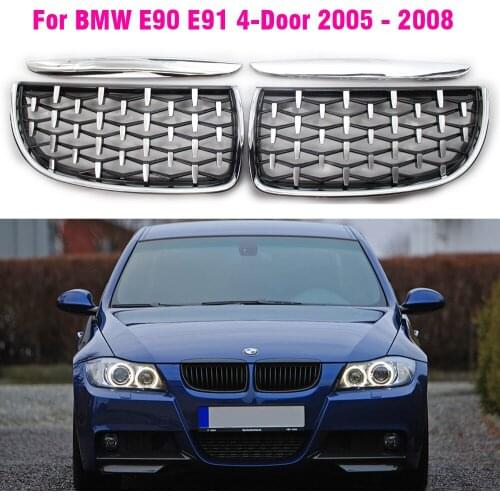 1Pair Front Gloss Matt Carbon Black 2 Line Double Slat Kidney Grille Grill For BMW E90 E91 4 Door 2005 2005 2007 2008