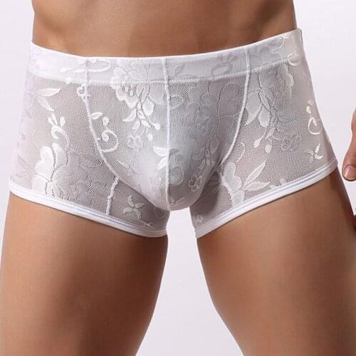 2 Colors Mid Waist Panties Men Sexy Lace Underwear Underpants Transparent Breathable Boxer Underwear Printing Hombre Shorts M-XL