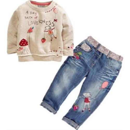 TZ290 New Arrival Toddlers Cute Baby 2 pcs. Baby Sets With Long Sleeve + Jeans Baby Sets Spring Summer Dresses for Baby