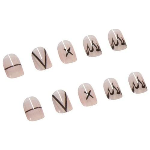 24pcs Black Lines Printed Nail Patch Glue Type Removable Short Paragraph Fashion Manicure False Nail Patch SANA889