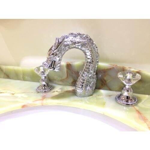Free ship Chrome color 3 Pcs 8" WIDESPREAD LAVATORY BATHROOM SINK DRAGON FAUCET mixer tap Crystal handles deck mounted