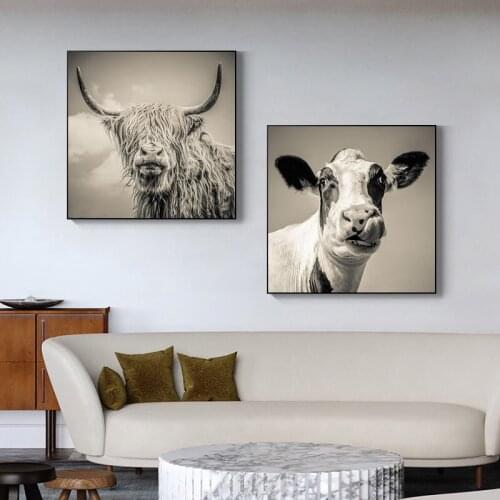 Black and White Highland Cow Cattle Wall Canvas Art Nordic Painting Poster and Print Scandinavian Wall Picture for Living Room