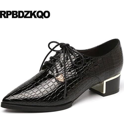 Designer size 4 34 10 42 ladies medium heels patent leather shoes plus 33 oxford pointed toe snakeskin female lace up thick