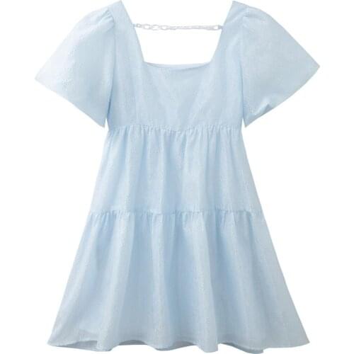 Teens High Waist Retro Style Backless First Love Princess Light Blue Mini Dress For Big Girls Sweet Teenager Clothes Wear