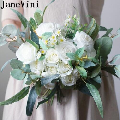 JaneVini White Rose Artificielle Wedding Bouquet 2020 Artificial Leaves Silk Flowers Pink Red Boho Bride Bridal Bouquets Brooch