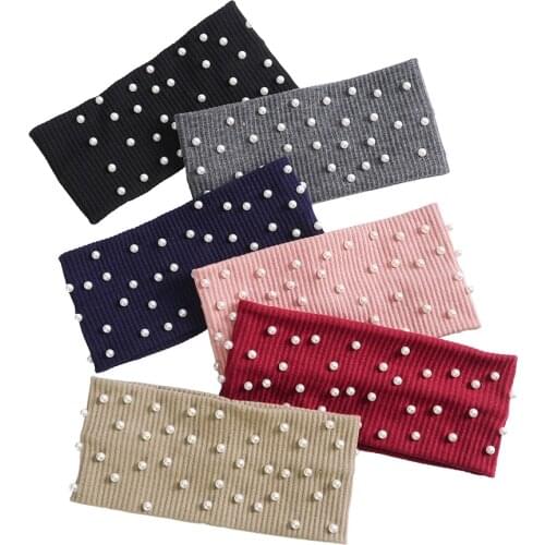 Kajeer Womens Headbands Pearls Head Bands Knitted Turban Bandana Autumn Winter Elastic Hairband Warm Hair Accessories