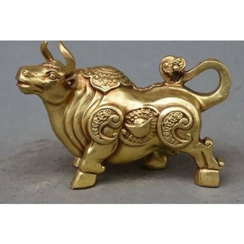 Chinese Folk Feng Shui Copper Brass Wealth Coin Year Zodiac Bull ox Lucky Statue