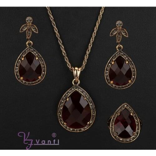 Luxury Party Jewelry Sets Antique Gold Color Stone Crystal Necklace Red heart Geometric Pendant Necklace Earrings Set