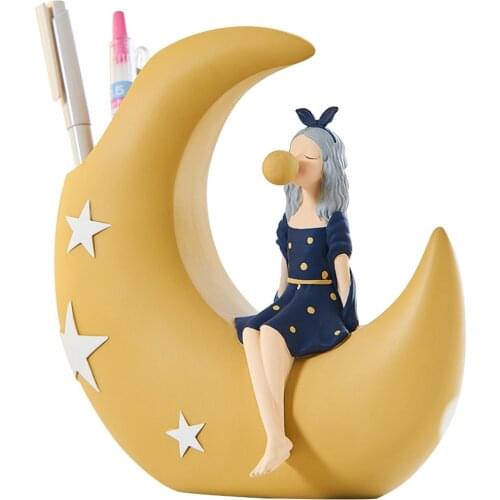 Creative Cute Moon Girl Shaped Resin Decorative Crafts Storage Bucket Living Room Decor Home Desktop Decoration Art Gift