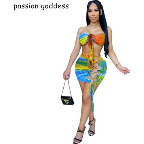 Summer Women Sexy Tie Dye Two Piece Set Strapless Sleeveless Bandage Crop Top Lace Up Hollow Out Mini Pencil Skirt Suit Outfits