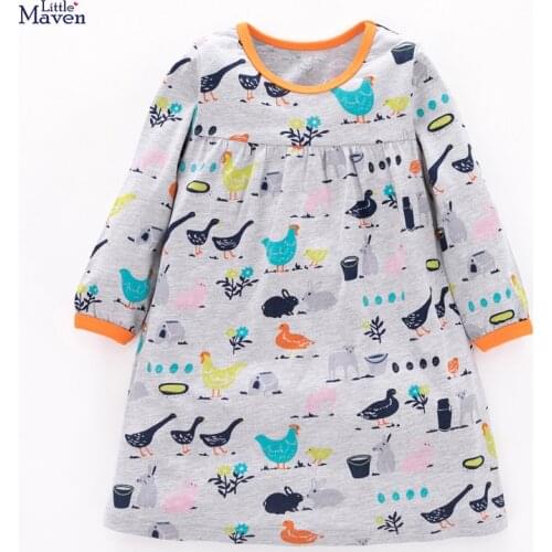Little Maven New Spring Autumn Kids Gray Animals Printed O-neck Pockets Girls 1-6yrs Full-sleeved Cotton Knitted Casual Dresses