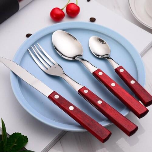 Wooden Handle Dinnerware Set Portable Western Stainless Steel Knife Fork Tableware Cutlery Set Kitchen Dining Steak Cake Knife