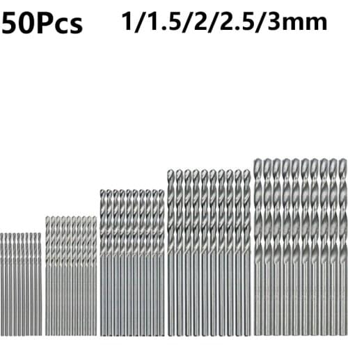 50pcs Titanium Coated HSS Drill Bits Set 1/1.5/2/2.5/3mm High Speed Steel Twist Drill Bit For Wood Plastic Aluminum Metal