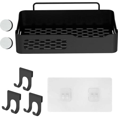 Rustproof Wall Stainless Steel Self-Adhesive Kitchen Shelf Bathroom Shower Shampoo Basket Organizer Rack with 3 Hooks Nail-free