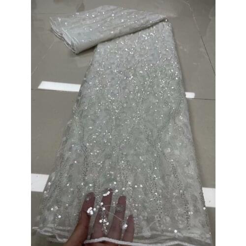 New White French Sequins Tulle Lace Fabric Embroidery Nigerian Mesh Material 5 Yards Shiny Dress Cloth For Sewing JN21