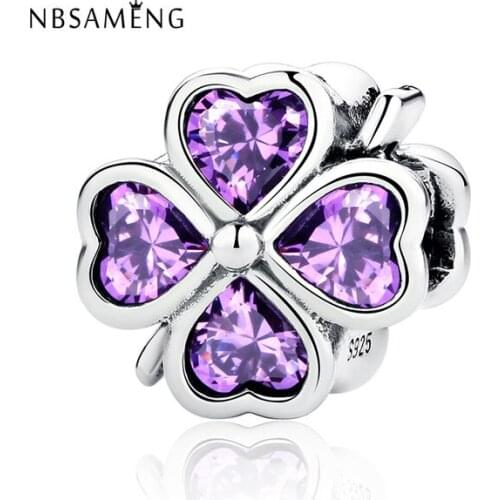 Authentic 925 Sterling Silver Bead Purple Crystal Charm Four Leaves Lucky Beads Fit Original Women Bracelet & Bangle