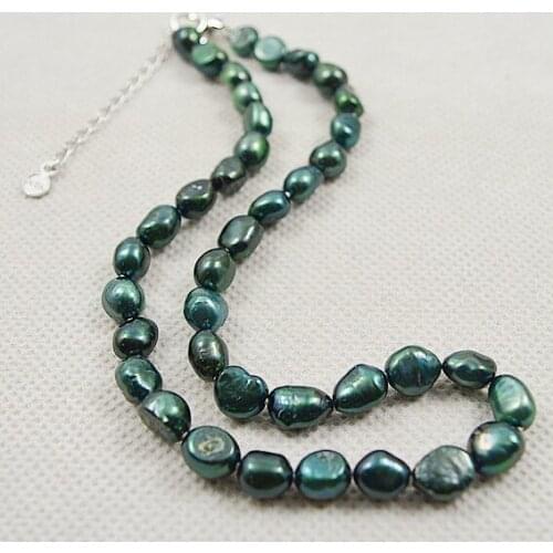 New Baroque Pearl Jewelry Dark Green 7x9mm Real Natural Freshwater Pearl Heart Silvers Clasp Choker Necklace 38+5cm Woman Gift