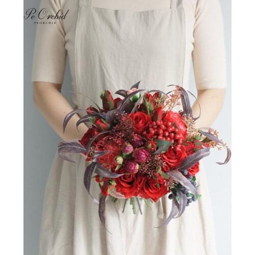PEORCHID Artificial Red Wedding Bouquet Brides Flower Rose Ramo De Flores Novia Wedding Decoration Bridesmaid Hand Bouquet