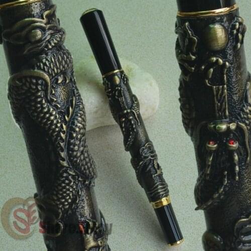 FOUNTAIN PEN MEDIUM NIB JINHAO 41 ANTIQUTE BRASS WITH DRAGON EMBOSSMENT WITH CRYSTAL