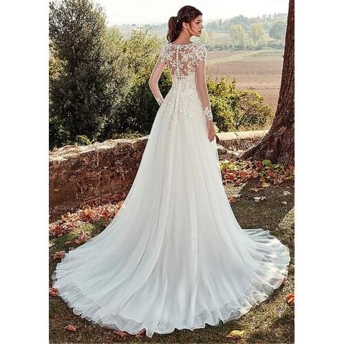 Tulle Jewel Neckline A-line Wedding Dresses With Illusion Back Lace Appliques Long Sleeves Bridal Dress vestido de noche