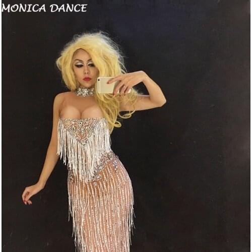 Sexy Dress White Tassel Women Sexy Clothing Nightclub Party Performance Stage Wear Costume Sparkling Christmas Clothed