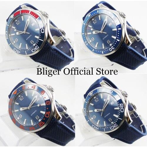 BLIGER Blue Sapphire Glass Nologo Mechanical Men Watch Date Function Rotating Bezel 41mm Round Case Rubber Strap