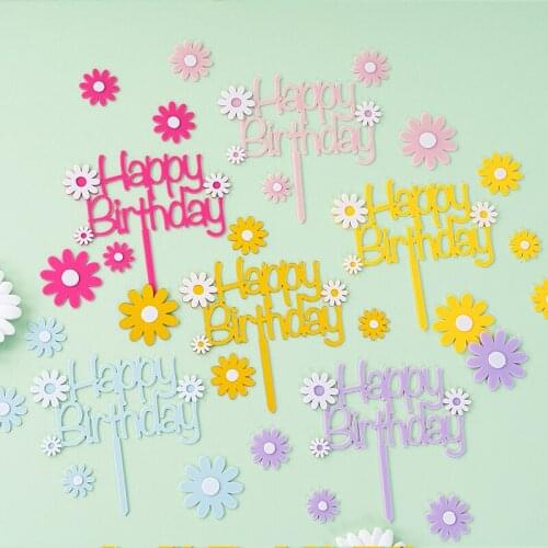 1Pcs Cake Topper DIY Colorful Flower Happy Birthday Acrylic Cake Insert Plug-in Baking Haappy Birthday Party Decoration Supplies